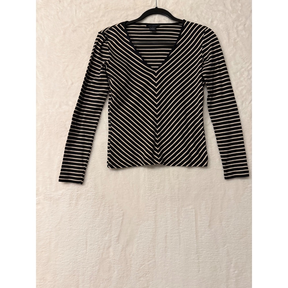 The Limited Womens Small Black White Striped V-Neck Long Sleeve Cotton Top 21576